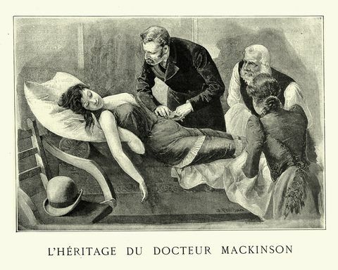 viktoriánsky lekár kontrolujúci pulz mladej ženy, 90. roky 19. storočia