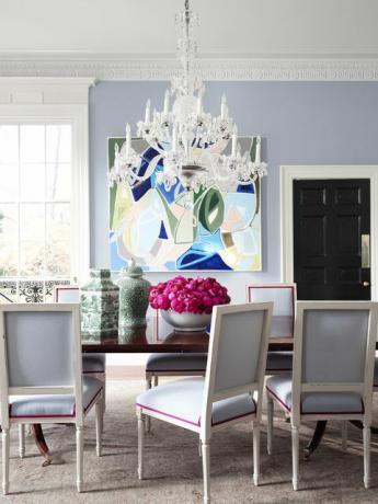 jedálenský stôl, modrá izba, modré jedálenské stoličky