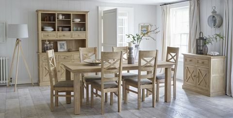 Dubový nábytok Pozemný pobrežný francúzsky umývaný masívny dub 5ft x 3ft rozširujúci jedálenský stôl + 6 pobrežných jedálenských stoličiek