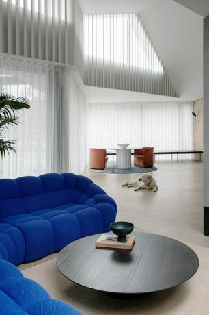 obývacia izba s modrou pohovkou