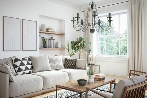 Moderný škandinávsky interiér obývacej izby, 3D render