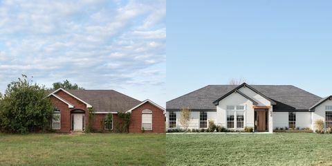 pred a po exteriéri domu, od ktorého bola červená tehla a pokrytá stromami, až po konečný vzhľad bielej tehly s odstránenými terénnymi úpravami