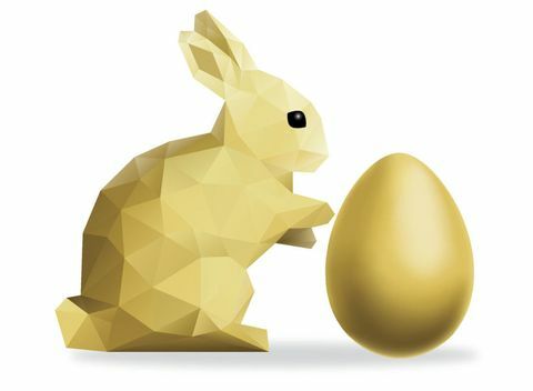 Low Poly Gold Rabbit so zlatým veľkonočným vajcom cez biele